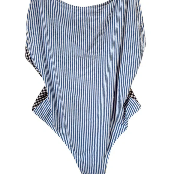 Aerie Navy Blue and White Gingham Striped Seersucker One-Piece Swimsuit Size L - Picture 3 of 15